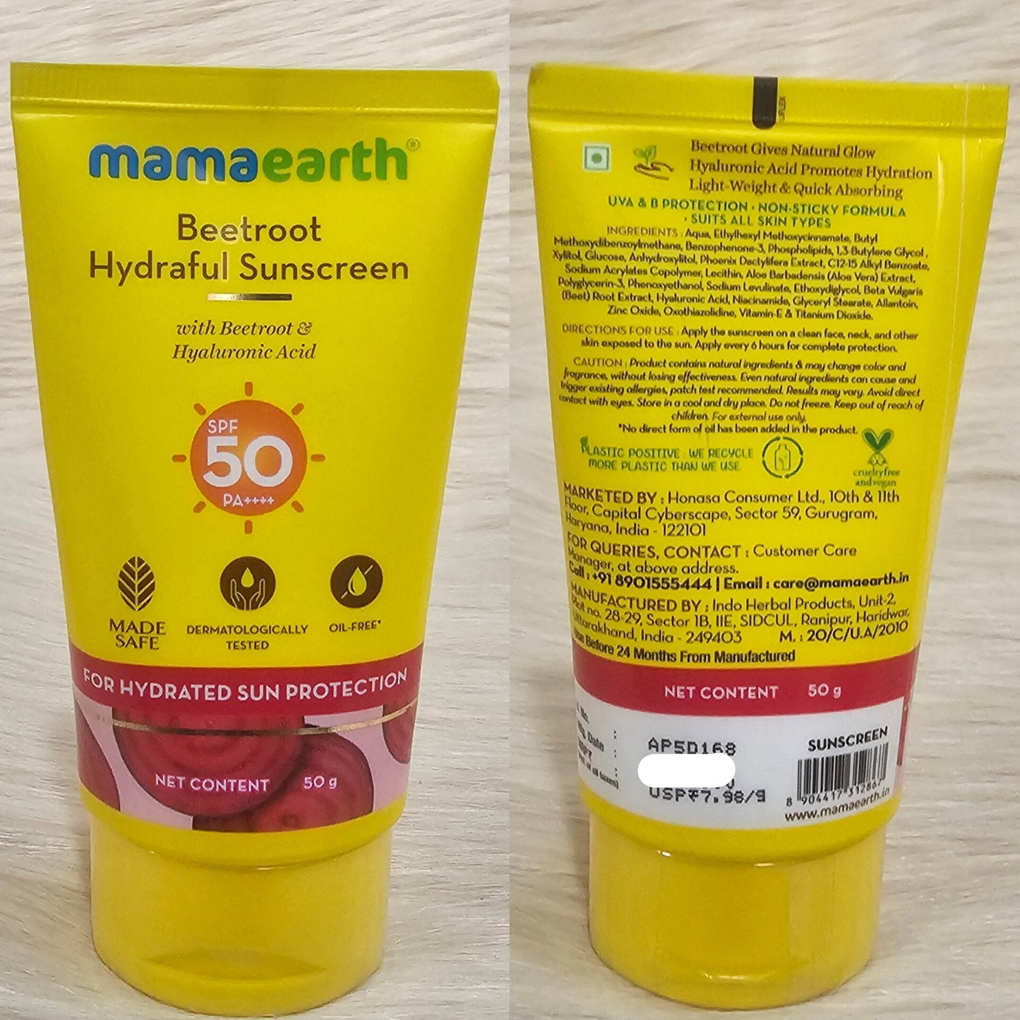 Mamaearth Beetroot Hydraful Sunscreen SPF50 PA++++ 50g