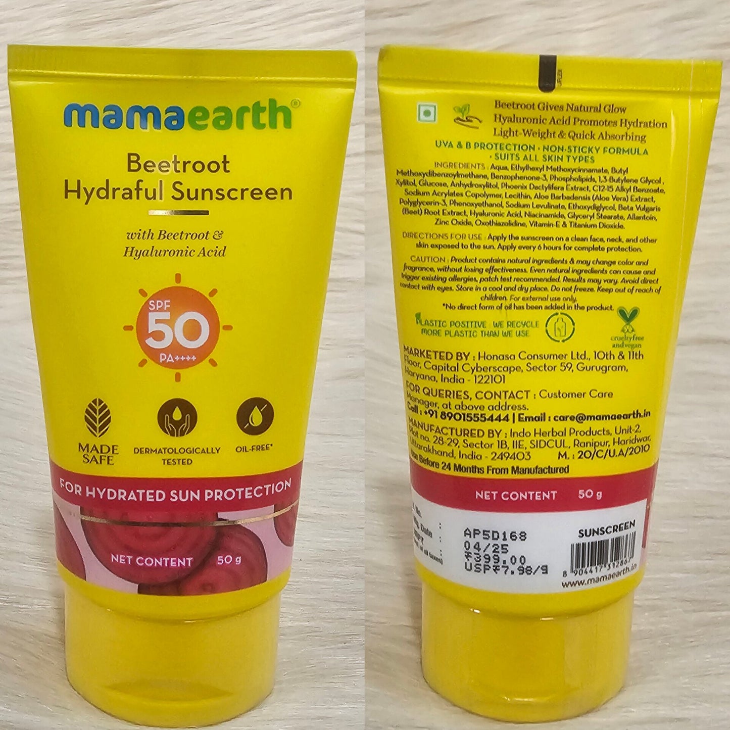 Mamaearth Beetroot Hydraful Sunscreen SPF50 PA++++ 50g