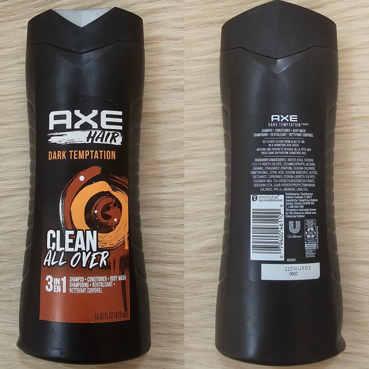 Axe Hair 3 In 1 Shampoo Conditioner Body Wash Dark Temptation Clean All Over 473 ml