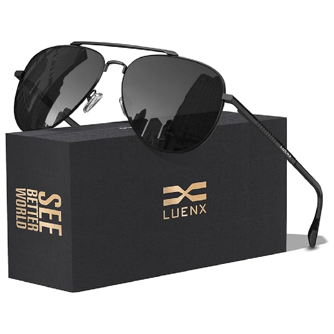 LUENX Aviator Sunglasses for Men and Women - Polarized Driving Classic Shades, UV 400 Protection (60MM) (Pre-order) - 13 Black Lens/Durable Frame & Leg