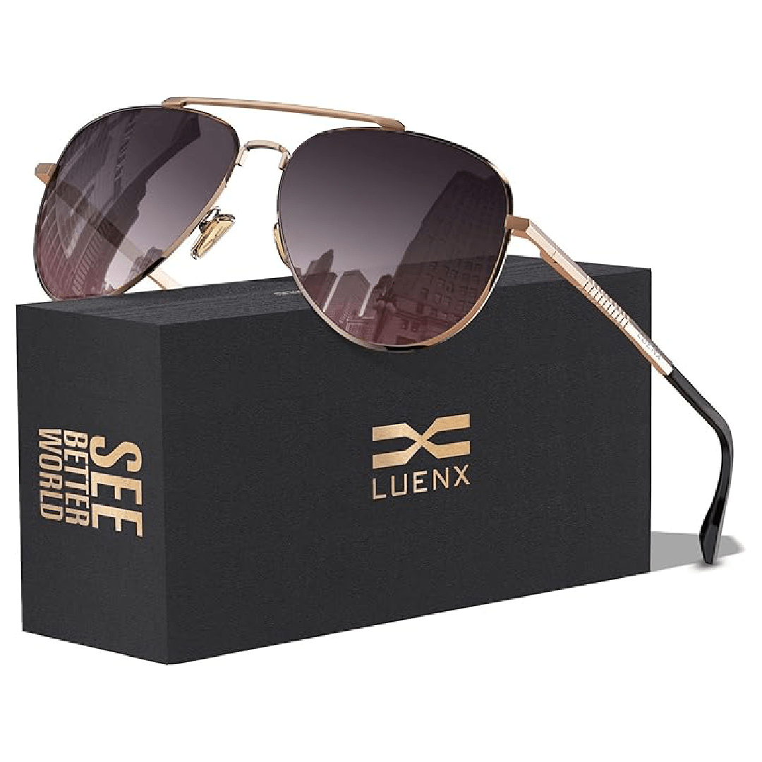 LUENX Aviator Sunglasses for Men and Women - Polarized Driving Classic Shades, UV 400 Protection (60MM) (Pre-order) - Gradient Black Red Lens/Rose Gold Frame