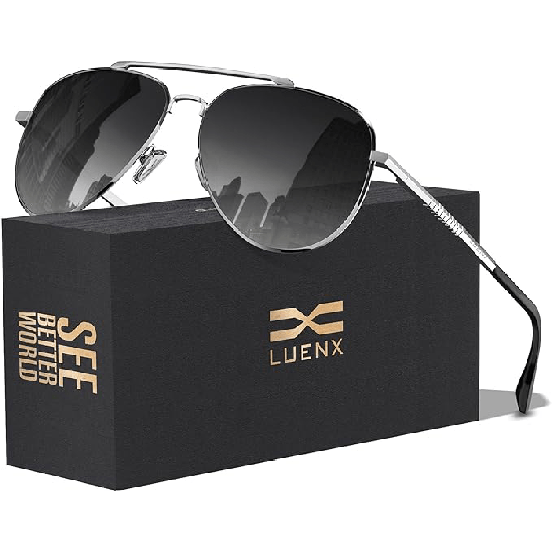 LUENX Aviator Sunglasses for Men and Women - Polarized Driving Classic Shades, UV 400 Protection (60MM) (Pre-order) - Gradient Smoke Grey Lens/Silver Frame