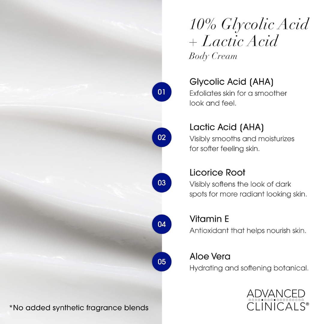 Advanced Clinicals Glycolic Acid 10% + Lactic Acid Body Scrub Cream 454g