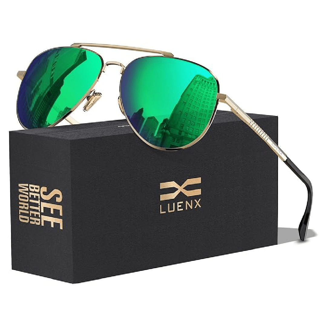 LUENX Aviator Sunglasses for Men and Women - Polarized Driving Classic Shades, UV 400 Protection (60MM) (Pre-order) - 4 Mirrored Green Lens/Without Case