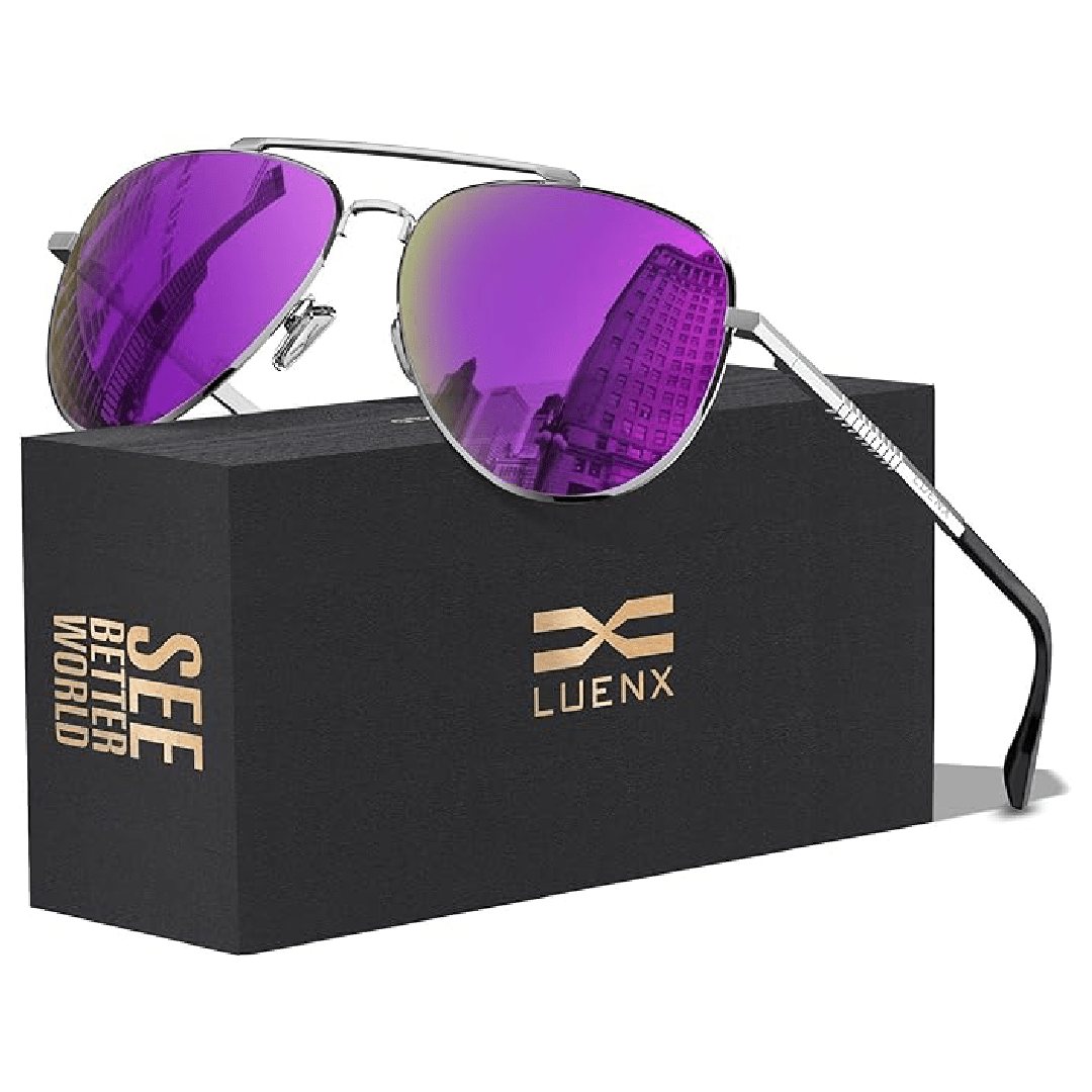 LUENX Aviator Sunglasses for Men and Women - Polarized Driving Classic Shades, UV 400 Protection (60MM) (Pre-order) - 8-mirrored Purple Lens/Without Case