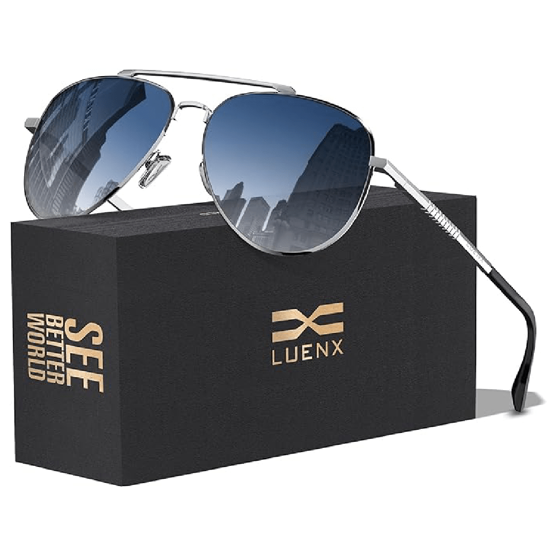 LUENX Aviator Sunglasses for Men and Women - Polarized Driving Classic Shades, UV 400 Protection (60MM) (Pre-order) - Gradient Blue Lens/ Silver Frame