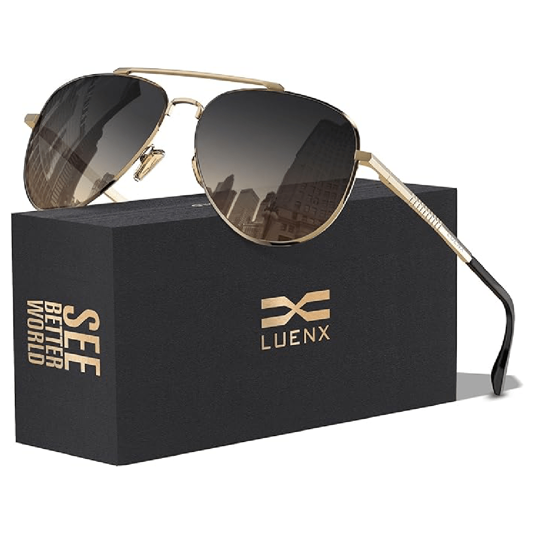 LUENX Aviator Sunglasses for Men and Women - Polarized Driving Classic Shades, UV 400 Protection (60MM) (Pre-order) - Gradient Brown Lens/Gold Frame