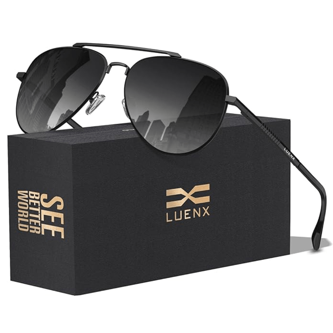 LUENX Aviator Sunglasses for Men and Women - Polarized Driving Classic Shades, UV 400 Protection (60MM) (Pre-order) - Gradient Smoke Black Lens/Black Frame