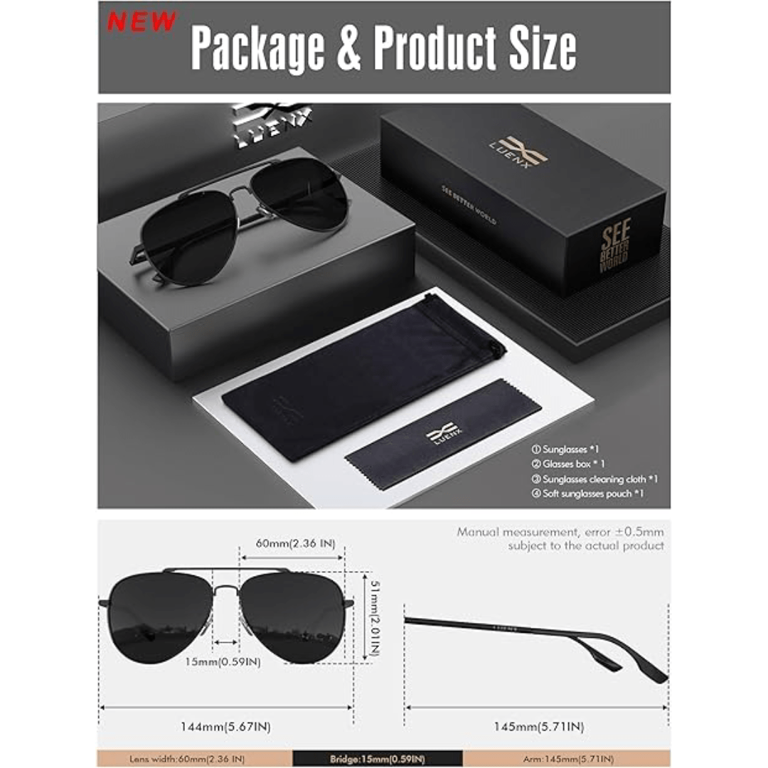 LUENX Aviator Sunglasses for Men and Women - Polarized Driving Classic Shades, UV 400 Protection (60MM) (Pre-order)
