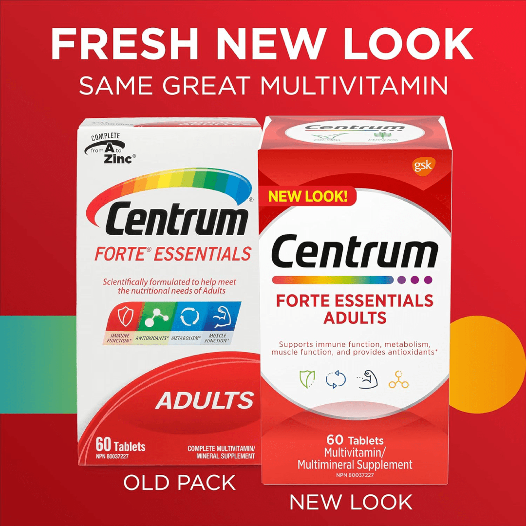 Centrum Adult Forte Essentials Mulitvitamins/Minerals Supplement for Men &amp; Women, 60 Tablets (Packaging May Vary)