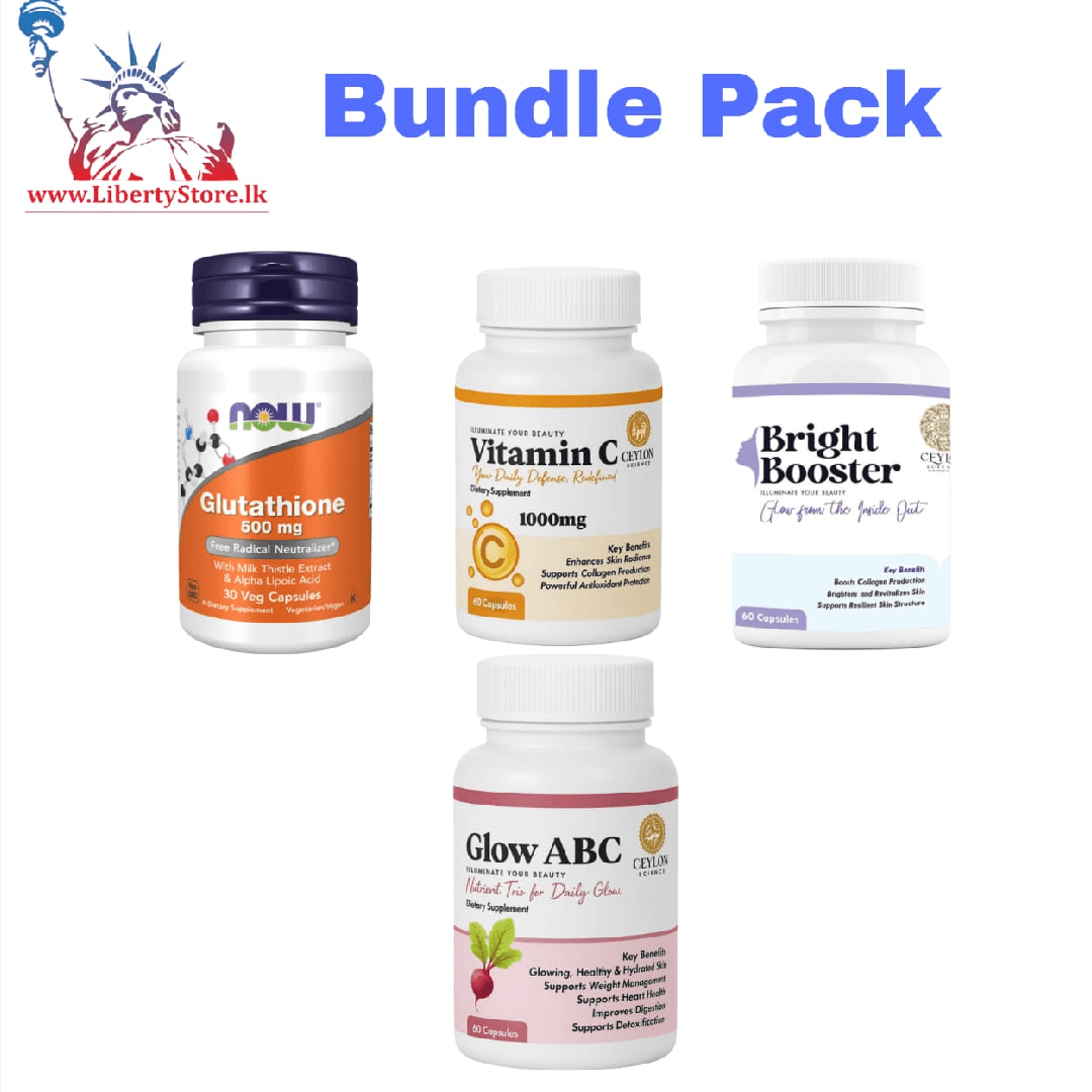 Bundle Pack Now Foods Glutathione (30 Capsules) , Ceylon Science Vitamin C (60 Capsules) , Bright Booster (60 Capsules) &amp; Glow ABC (60 Capsules)