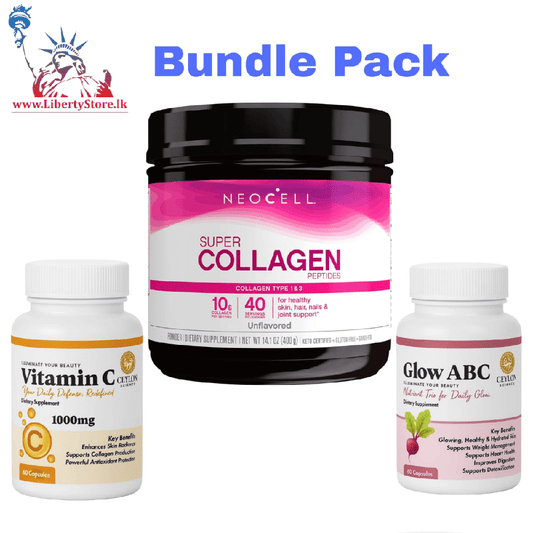 Bundle Pack Neocell Super Collagen 10g 40 Servings , Ceylon Science Vitamin C (60 Capsules) &amp; Glow ABC (60 Capsules)
