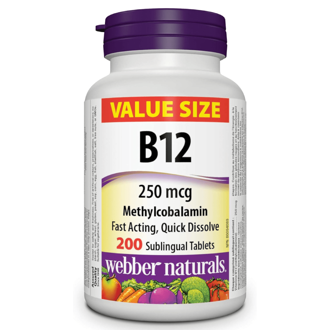 Webber Naturals Vitamin B12 250 mcg (Methylcobalamin) – 200 Sublingual Tablets