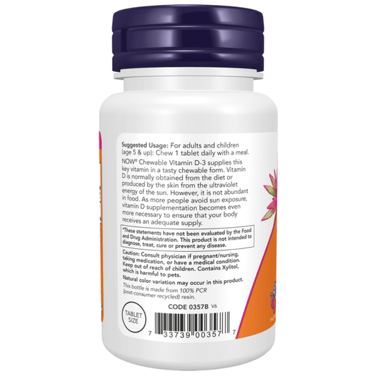 NOW Foods Vitamin D3 1000 IU – 180 Chewable Tablets