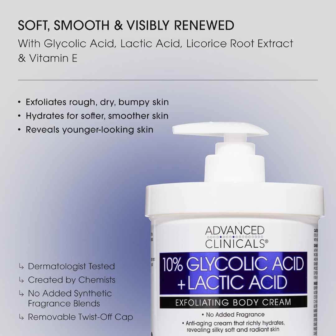 Advanced Clinicals Glycolic Acid 10% + Lactic Acid Body Scrub Cream 454g