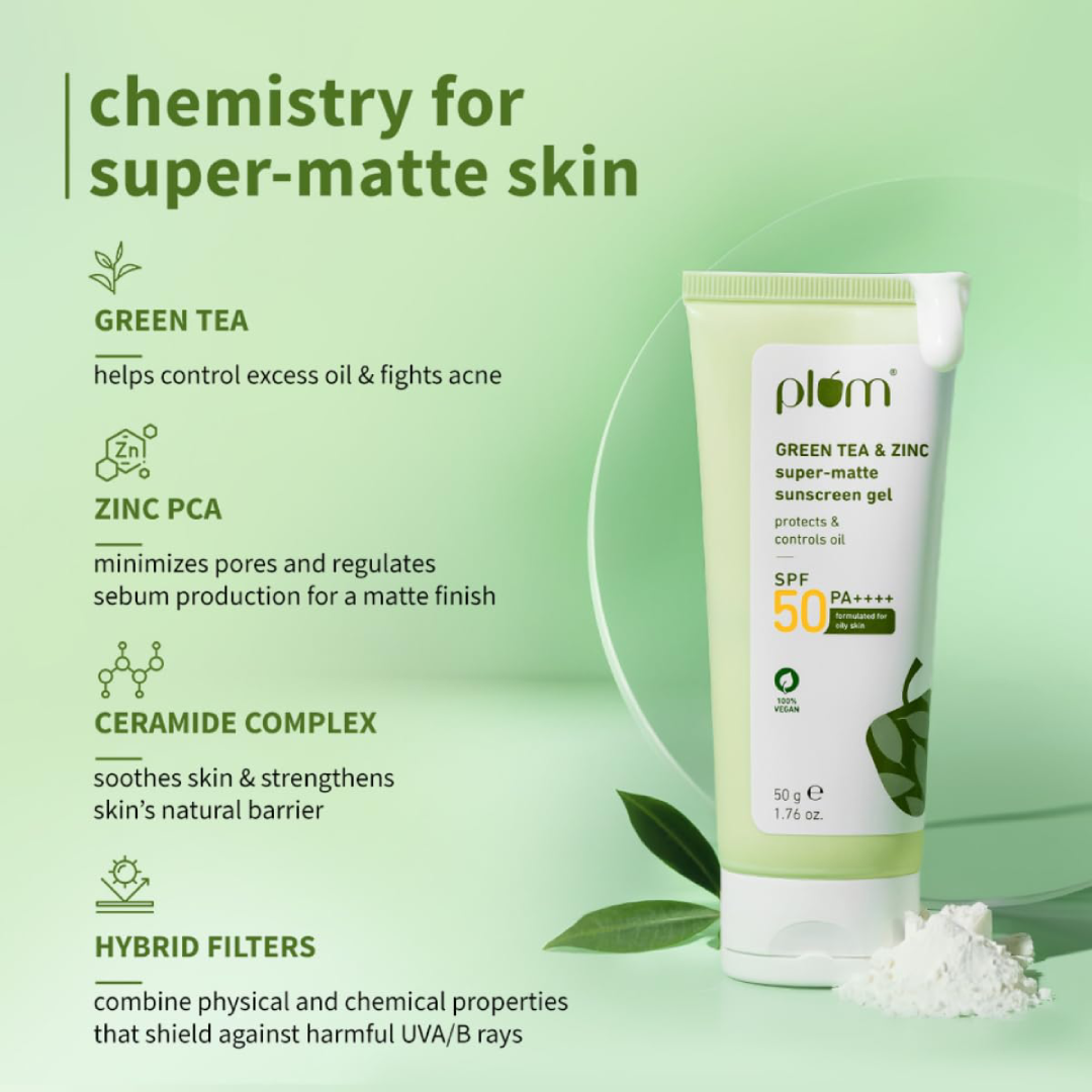 Plum Green Tea &amp; Zinc Super Matte Gel Sunscreen SPF 50 PA++++ 50g