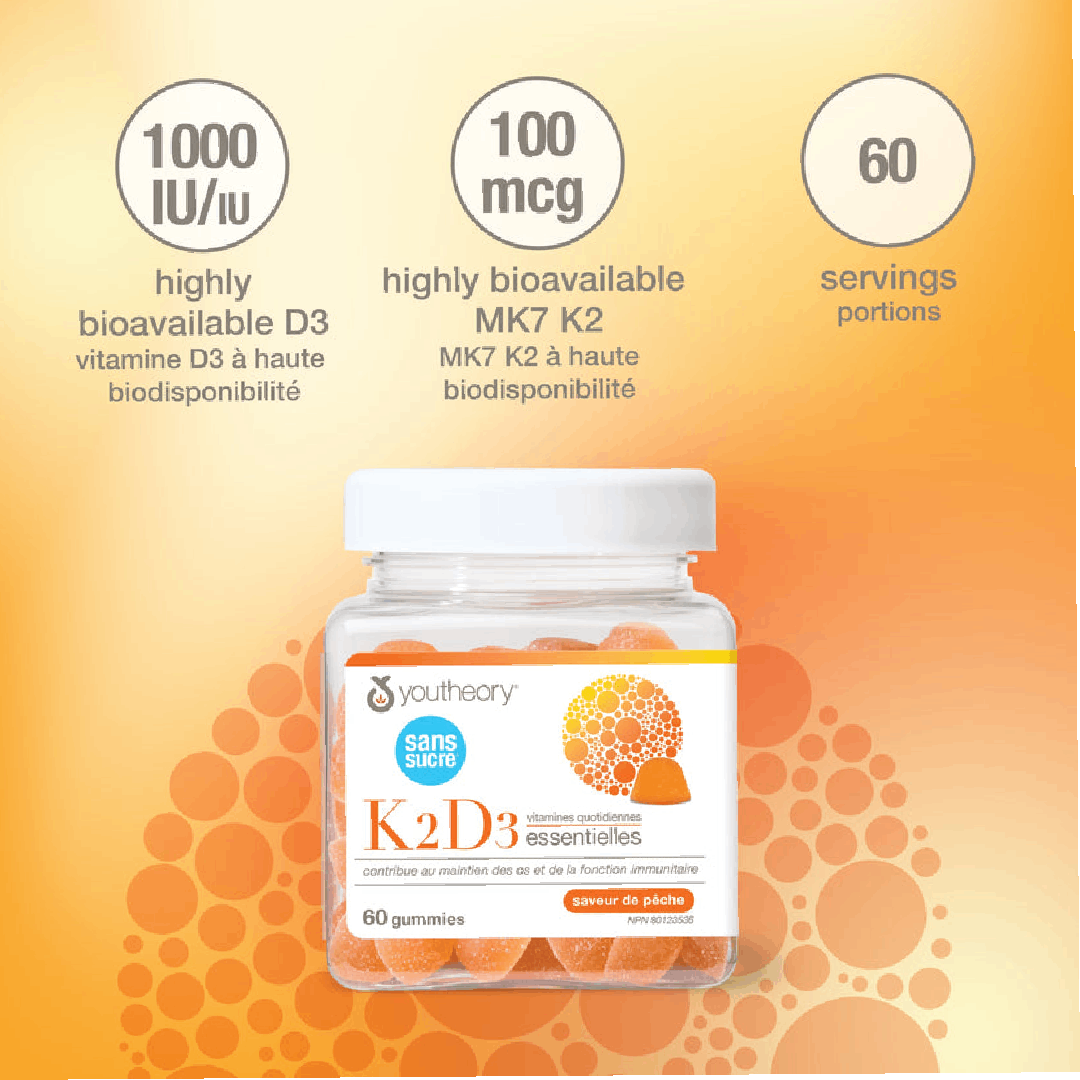 Youtheory Vitamin K2D3 Zero Sugar Gummies – Peach Flavor (60 Gummies )