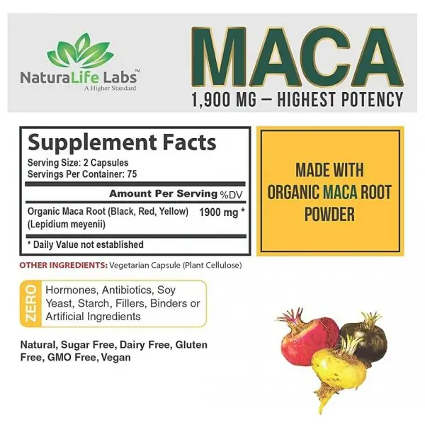 Organic Maca Root Black, Red, Yellow 1900 MG per Serving  150 Vegan Capsules Peruvian Maca Root Gelatinized 100% Pure - Image 3