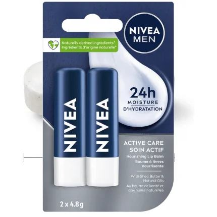 NIVEA MEN Active Care Lip Balm (2 x 4.8g) | Jojoba Oil & Shea Butter | 24-Hour Hydration for Dry Lips