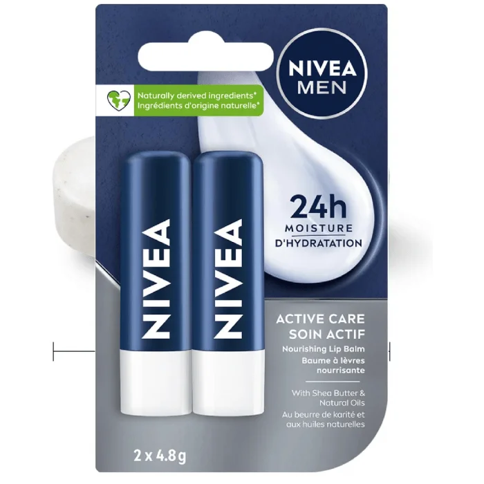 NIVEA MEN Active Care Lip Balm (2 x 4.8g) | Jojoba Oil & Shea Butter | 24-Hour Hydration for Dry Lips - Image 1