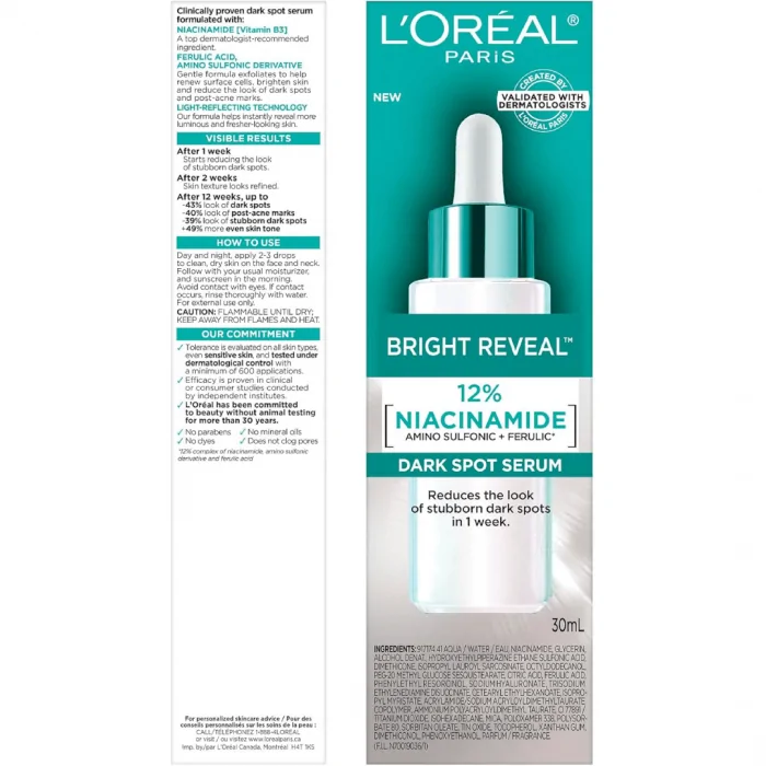 L'Oréal Paris Bright Reveal Dark Spot Face Serum | 12% Niacinamide + Ferulic + Amino Sulfonic Acids | 30mL - Image 7