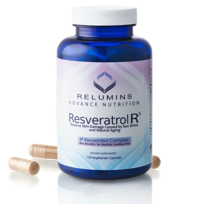 Relumins Resveratrol R3, Reverse Skin Damage Caused by Sun Stress and Natural Aging - 120 Capsules - Image 1