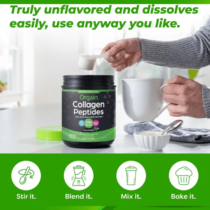 Orgain Hydrolyzed Collagen Peptides Powder for Women & Men, 1lb – 20g Grass-Fed Collagen, Unflavored 454g - Image 2