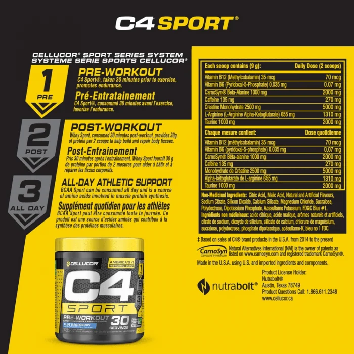 C4 Sport Pre-Workout Powder Blue Raspberry | 135mg Caffeine + Creatine Monohydrate | Informed Choice Certified | Sugar-Free | 30 Servings - Image 6