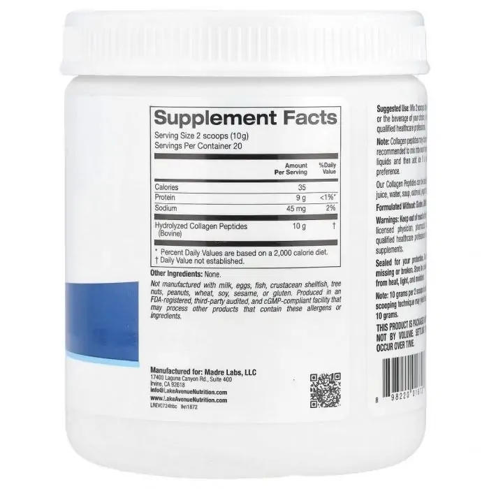 Lake Avenue Nutrition Hydrolyzed Collagen Peptides, Type I & III, Unflavored, 7.05 oz (200 g) - Image 2