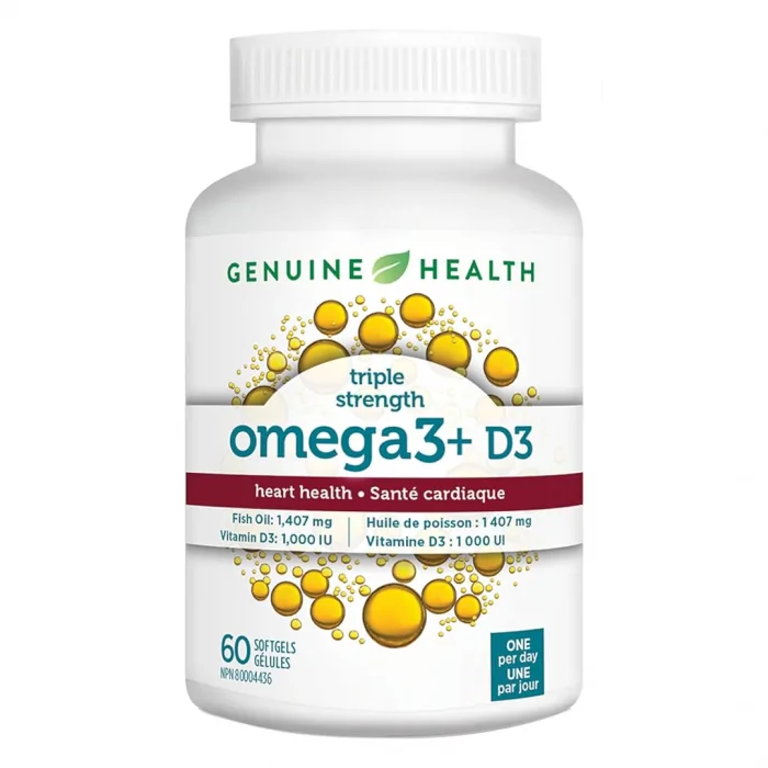 Genuine Health Omega3+ Triple-Strength + D3, 60 softgels - Image 1