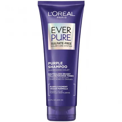 L’Oreal Paris Sulfate Free Brass Toning Purple Shampoo for Blonde, Bleached, Silver, or Brown Highlighted Hair, EverPure, 6.8 Fl Oz