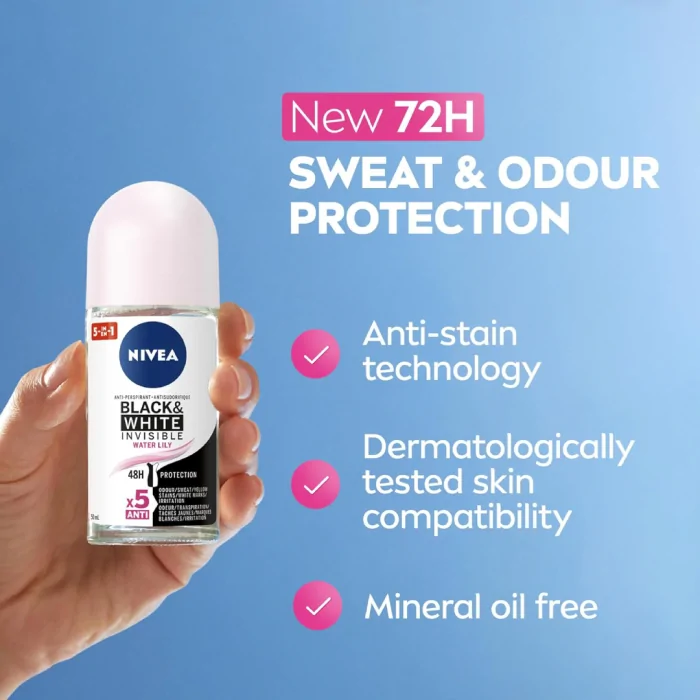 Nivea Black & White Invisible 48H Protection Water Lily Anti-Perspirant Roll-On 50ml - Image 4
