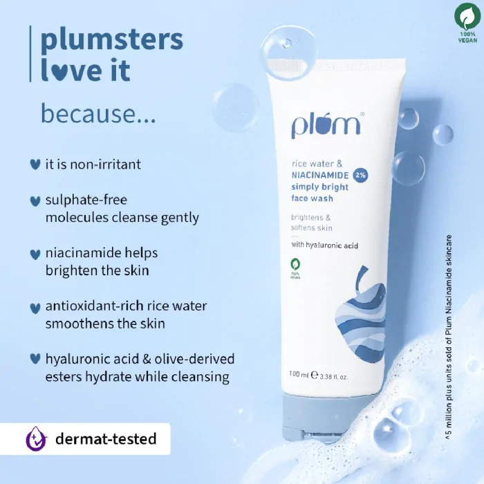 Plum Simply Bright 2% Niacinamide Face Wash with Rice Water 100ml - Image 5
