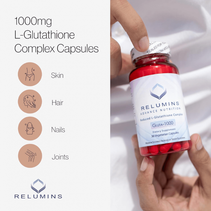 Relumins L Glutathione Supplement Complex - Reduced Glutathione 1000mg with Alpha Lipoic Acid & Rose HIPS , 60 Caps - Image 2
