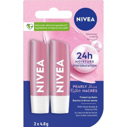 NIVEA Pearly Shine Lip Balm | Pearly Pink Shimmer Tinted Lip Care, 24H Hydration | 2x4.8g Tubes