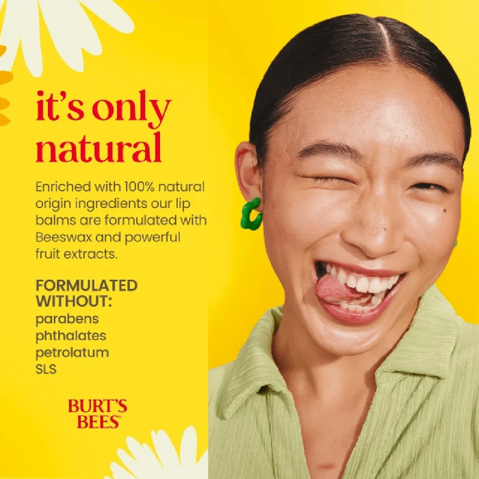 Burt's Bees Moisturizing Lip Balm for Dry Chapped Lips 100% Natural Origin, Assorted Flavours with Fruit Extracts, 3 Tubes, 4.25 g
