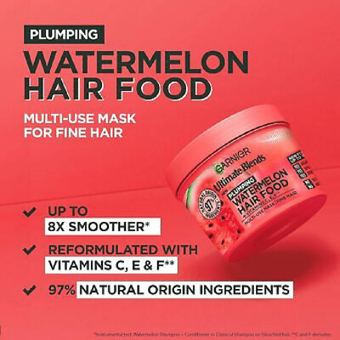 Garnier Ultimate Blends Watermelon Hair Food 3-In-1 Fine Hair Treatment Mask, 400ml (New) - Image 2