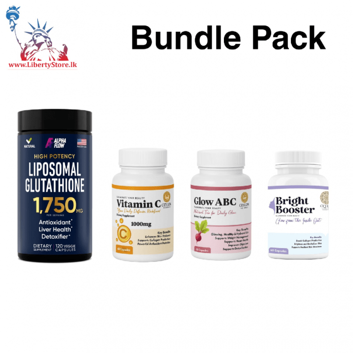 Bundle Pack Alpha Flow Liposomal Glutathione – 1,750 mg  (120 Veggie Capsules) , Ceylon Science Vitamin C (60 Capsules) , Ceylon Science Glow ABC (60 Capsules) & Ceylon Science Bright Booster (60 Capsules) - Image 1