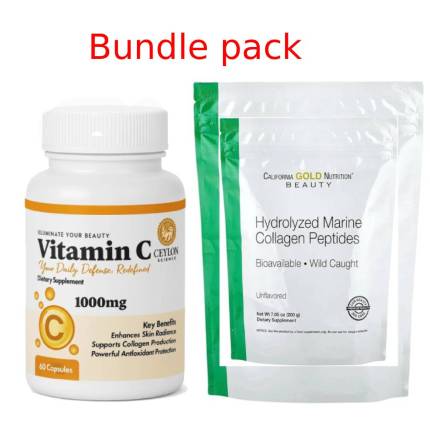Bundle Pack California Gold Hydrolized Merine Collagen Peptides 200g & Ceylon Science Vitamin C (60 Capsules)