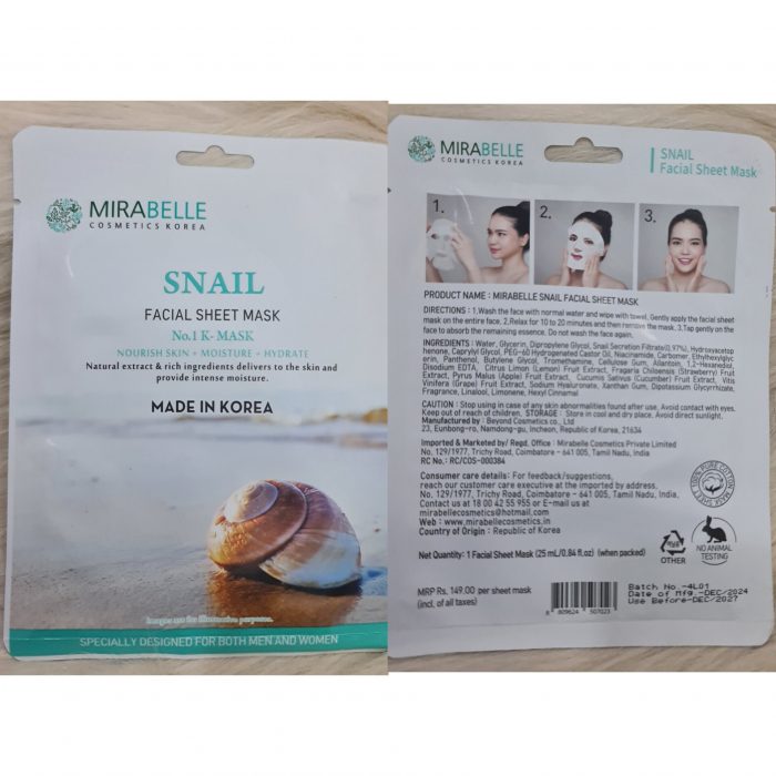 Mirabelle Cosmetics Korea Snail Facial Sheet Mask - Image 3