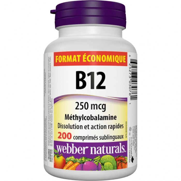 Webber Naturals Vitamin B12 250 mcg Methylcobalamin, 200 Sublingual Tablets