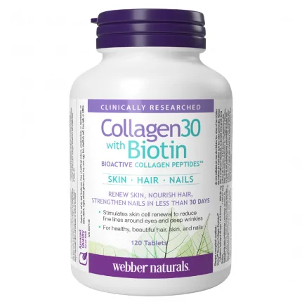 Webber Naturals Collagen30 with Biotin, Bioactive Collagen Peptides- 120 Tablets
