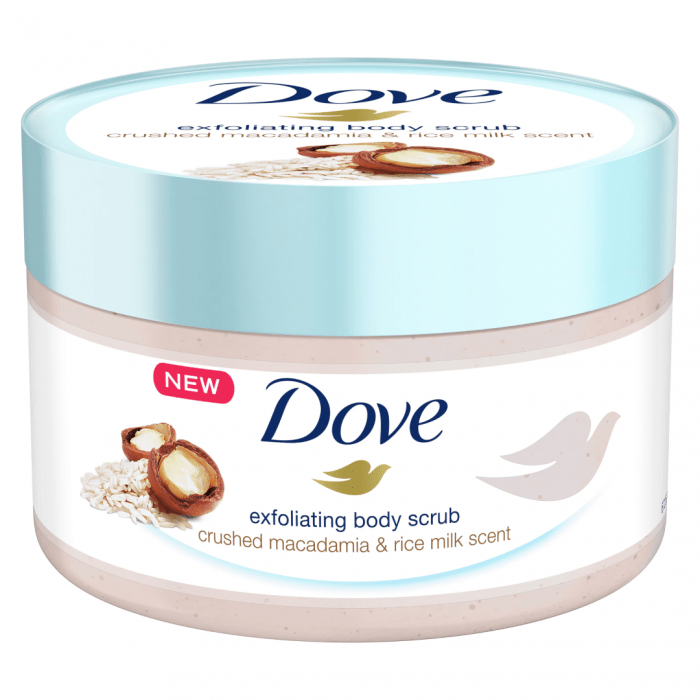 Dove Exfoliating Body Scrub – Crushed Macadamia & Rice Milk (225ml)