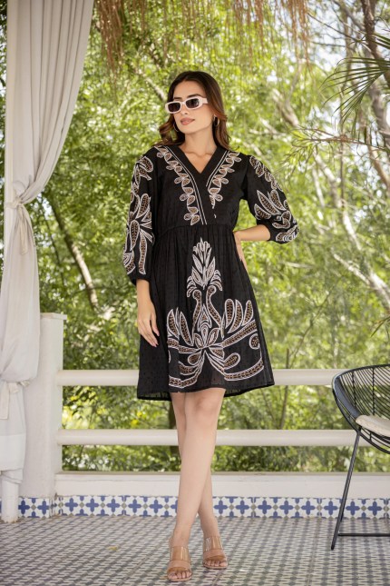 Boho Breeze Embroidered Black Dress
