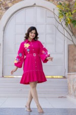 Tropical Bloom Belted Shirt Dress – Fuchsia Pink