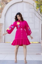 Tropical Bloom Belted Shirt Dress – Fuchsia Pink