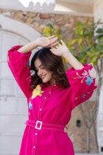 Tropical Bloom Belted Shirt Dress – Fuchsia Pink