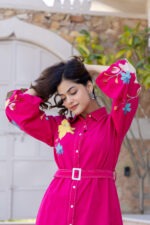 Tropical Bloom Belted Shirt Dress – Fuchsia Pink