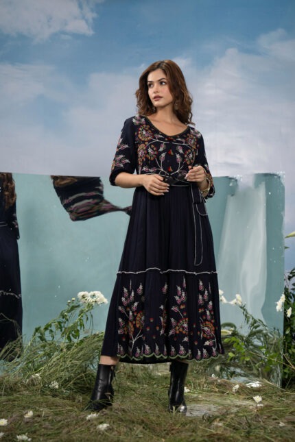 Midnight Blossom Embroidered Maxi Dress