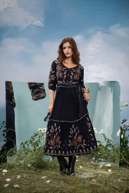 Midnight Blossom Embroidered Maxi Dress